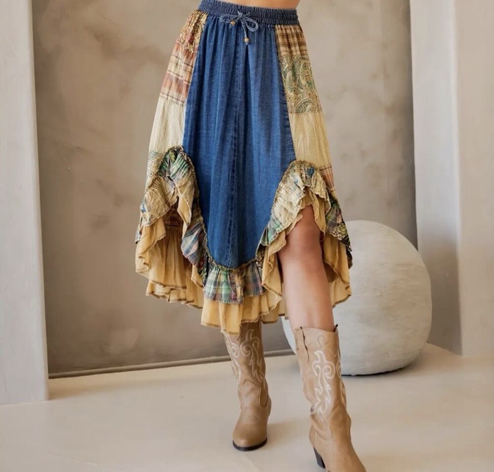 YOUNG THREADS Western Boho Chic: Patchwork Midi Skirt Women’s Medium
